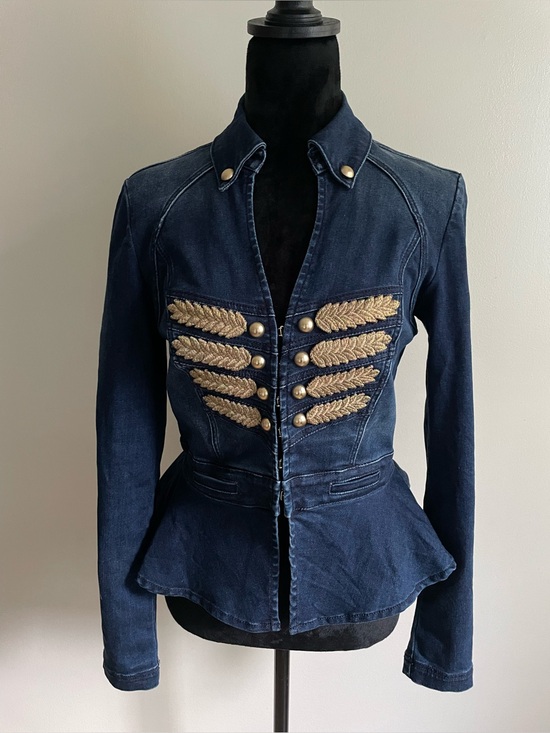 bebe Jackets & Blazers - Bebe Denim Military Peplum Jacket Gold Leaf Embellished Fitted S/P